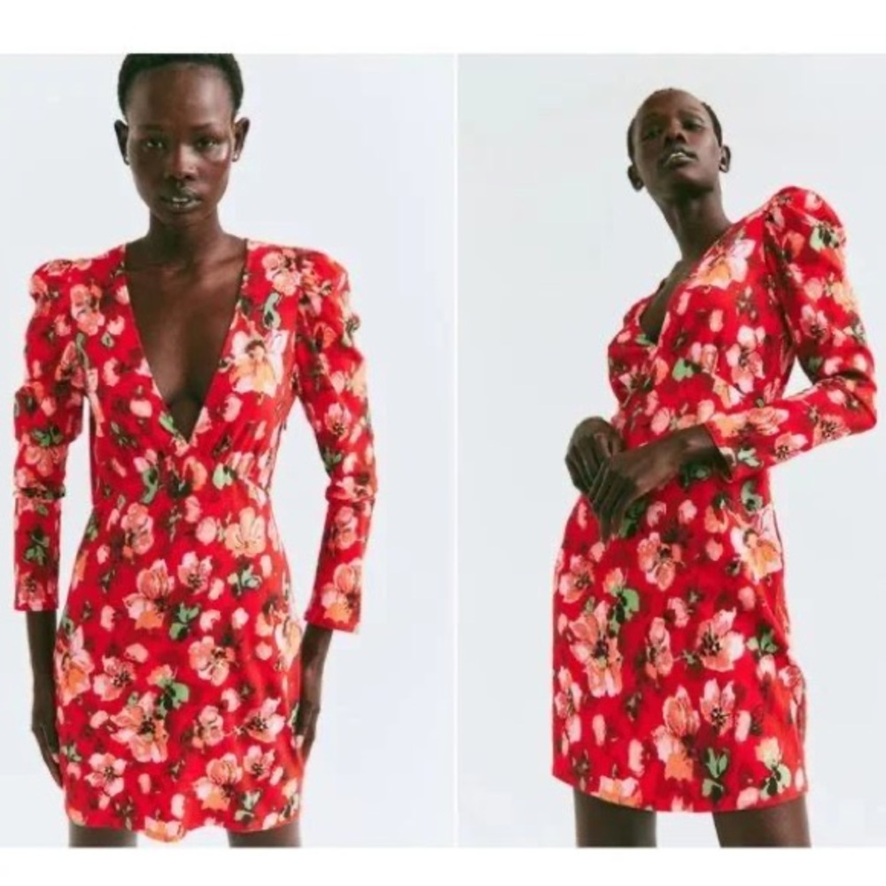 NWT H&M plunge v neck long sleeve Floral Red Dress - Picture 2 of 8